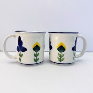 2 Dansk San Nicolo Coffee/Tea Mug Blue and Yellow Flowers Blue Rim Mugs